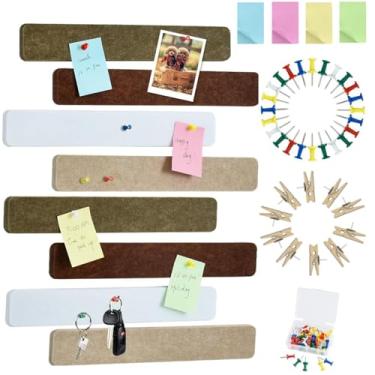 Imagem de Vuzvuv 8 tiras de barra de quadro de avisos com 50 pinos e 10 pinos de clipe de madeira, placa de cortiça autoadesiva para parede, placa de feltro para escola, decoração de escritório (marrom e branco