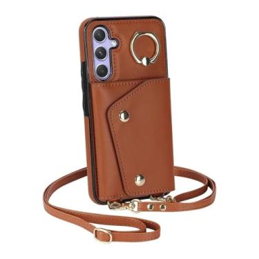 Imagem de HJZSZX Para Samsung S24 Ultra Crossbody Ring Couro Zip Wallet Phone Case Lanyard Flip Cover Bag (Para Samsung S24 Ultra/Marrom)