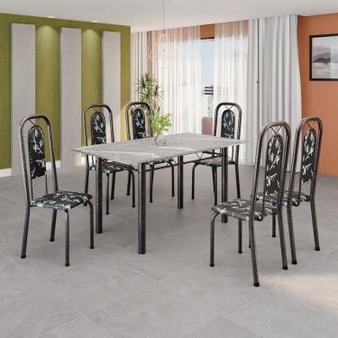 Imagem de Conjunto de Mesa Tubular 140cm X 75cm Tampo Granito Topázio com 6 Cadeiras Lara Preto/Prata