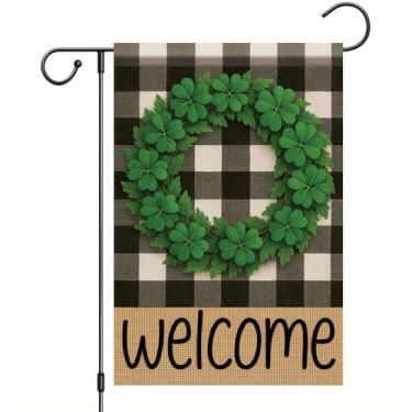 Imagem de Starlit Patio Guirlanda de boas-vindas xadrez búfalo bandeira de jardim bandeira trevo de quatro folhas 30 x 45 dupla face tropical verde sorte trevo decoração de quintal para primavera verão ao ar