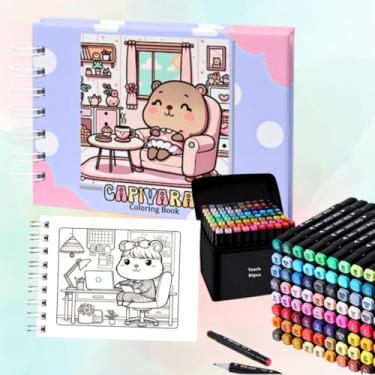 Imagem de Livro de Colorir Capivara Capa Dura 50 Páginas + Estojo 60 Cores de Canetinhas Marcadoras Touch Caneta Ponta Dupla - Kit Completo Pintura Relaxante Crianças e Adultos