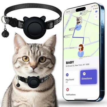 Imagem de Rastreador GPS para coleira rastreador de gatos, impermeável, AirTag, compatível com Apple Find My (somente iOS), design de separação sem taxa mensal, padrão reflexivo, sino, preto, durável