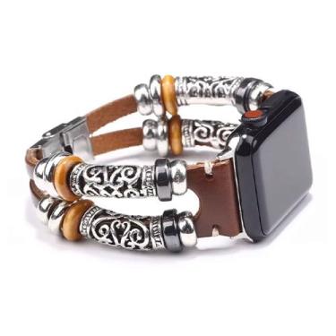 Imagem de Pulseira Bracelete Couro Tribe Miçanga Compatível com Apple Watch - Ba