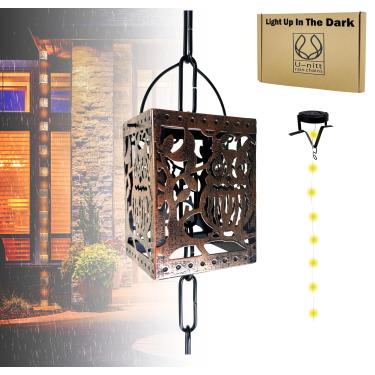 Imagem de U-nitt Correntes de chuva, canal de calha de telhado, coletor/desviador de água da chuva, 8,5 pés, metal, revestimento em pó, coruja antiga, luz solar, acende no escuro, 8566LAN