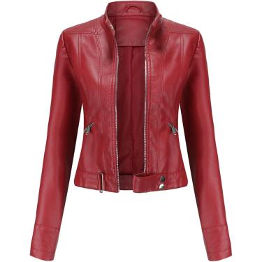 Imagem de Jaqueta de couro curta Mulheres Jaqueta de colar de outono da primavera Europeia, Vinho Vermelho, XL