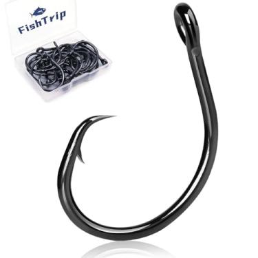 Imagem de FishTrip Ganchos circulares de água salgada 25 peças, ganchos de pesca em linha 5X fortes para peixe-gato, preto/aço de alto carbono/não deslocado/olho fechado/abertura larga para robalo listrado