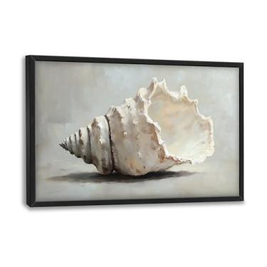 Imagem de Arte de parede grande com conchas emolduradas para sala de estar, pintura impressa em tela grande com concha do mar, arte moderna emoldurada extra grande para quarto, escritório, decoração de casa, 91