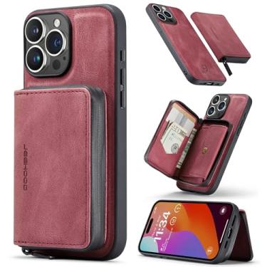 Imagem de Capa tipo carteira com porta-cartão para iPhone 15 Pro, capa magnética de couro 2 em 1 destacável, capa tipo carteira com zíper, capa à prova de choque para iPhone 15 Pro com carregamento sem fio(Rojo