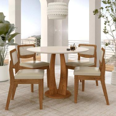 Imagem de Mesa Redonda Camogli 4 Cadeiras Sextavadas Freijó/off/corino Beg - M.a