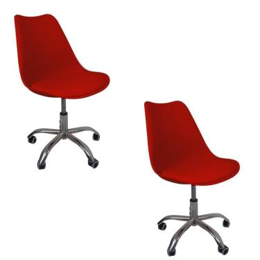 Imagem de Kit 2 Cadeiras Office Base Cromada Com Rodizio Giratória Saarinen Vermelho
