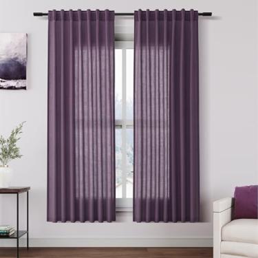 Imagem de Cortinas de linho ameixa para sala de estar 153 cm de comprimento, conjunto de 2 painéis, cortinas de linho com filtro de luz, para cozinha, janelas, bolso para varão, aba traseira, curta