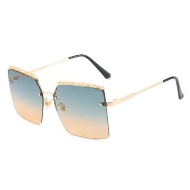 Imagem de Óculos de sol de metal sem aro retrô da moda, unissex, armação grande, óculos de grau para viagem, fotografia de rua, óculos de sol UV400 (dourado, chá verde)