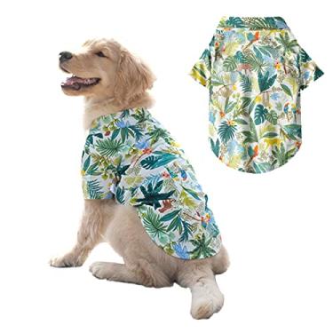 Imagem de HDKUW Fantasia havaiana de cachorro grande, camisetas legais para cães roupas de verão, camisa havaiana para cães grandes, design para verão estilo luau acampamento na praia férias 5GG verde
