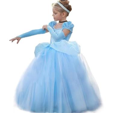 Imagem de MDYCW Vestido de princesa Cinderela manga bufante, vestidos para ocasiões especiais para meninas de 8 a 9 anos, vestido extravagante de renda ultramacia para festa de aniversário, azul
