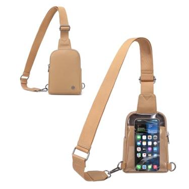 Imagem de INICAT Pequenas bolsas transversais femininas de couro vegano para celular pochete para mulheres e homens, Caqui vintage com janela sensível ao toque, Small