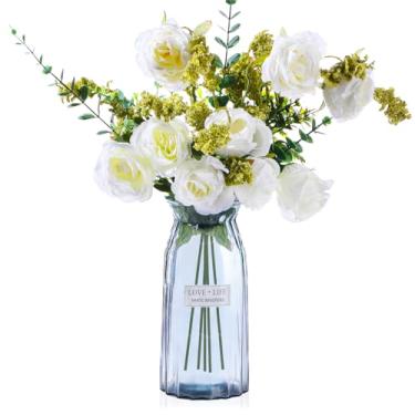 Imagem de Giegxin Pacote com 6 flores artificiais de rosas brancas de seda falsas com hastes de eucalipto, 101 cm de altura, buquê de rosas falsas, plantas, folhas, ramos para centro de mesa, arranjos de flores