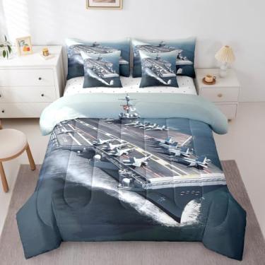 Imagem de Erosebridal Jogo de cama solteiro com 7 peças, porta-aviões, estilo militar, para crianças, adultos, navio de guerra, lutador, lençol náutico, oceano, com edredom