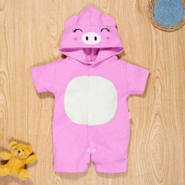 Imagem de Macacão De Bebê Curto Capuz Bichinho Bordado Porquinha Rosa - Era Uma 