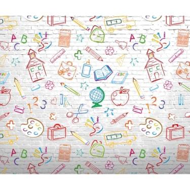 Imagem de Pano de fundo de volta às aulas de 3 x 2,4 m, grafite colorido desenhado à mão e fundo de parede de tijolo branco, decoração do primeiro dia de aula para decoração de festa de sala de aula infantil