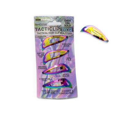 Imagem de Presilhas de cabelo táticas iridescentes, pacote com 4 - Presilhas multiferramentas - Chaveiro multifuncional de aço inoxidável - Cortador de caixa, borda serrilhada, garra Raptor - Kippah Tacticlips