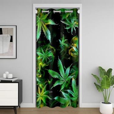 Imagem de Cortina de porta de folhas de cannabis, cortina de porta psicodélica de folha de maconha verde verde neon amarelo neblina fumaça tripla blackout cortinas para quarto, 203 cm × 86 cm, 1 painel