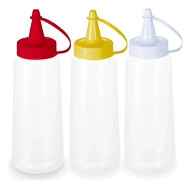 Imagem de Kit com 03 Bisnagas de Plástico Transparente com Tampa Vermelha Branca e Amarela para Ketchup Maionese e Mostarda PREMIUM, 200ml, 16cm, Felix Magazine