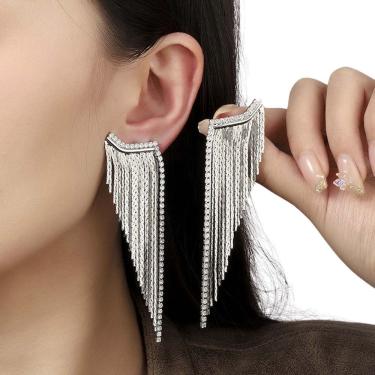 Imagem de Brincos Femininos Franja Longo Strass Casamento Prateado