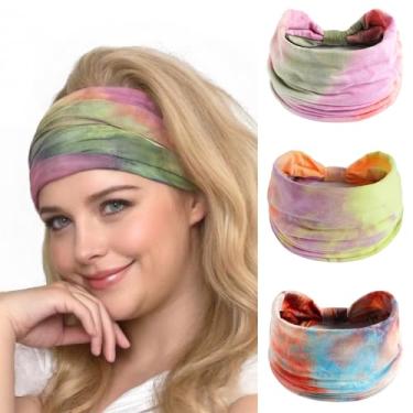 Imagem de Alexis Leroy Bandanas femininas fashion boho tie dye faixas de cabelo antiderrapantes elásticos acessórios para o cabelo, pacote com 3, conjunto de estilo doce