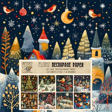 Imagem de Pacote de papel de decoupage (24 folhas 15 x 15 cm) Contos s festivos ~ Cenas de Natal estilizadas e criaturas da floresta em estilo de arte popular com formas planas e paletas