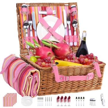 Imagem de Neti Neti Cesta de piquenique de vime para 4 pessoas com refrigerador isolado e cobertor impermeável – Grande cesto de piquenique de salgueiro para atividades ao ar livre, acampamento, praia