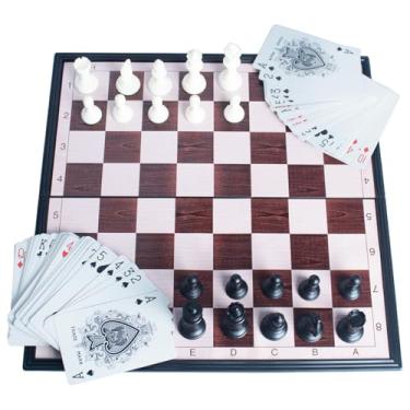 Imagem de Kit Jogo Xadrez e Dama Tabuleiro Profissional Dobrável Magnético + Baralho Duplo com Estojo 2 em 1