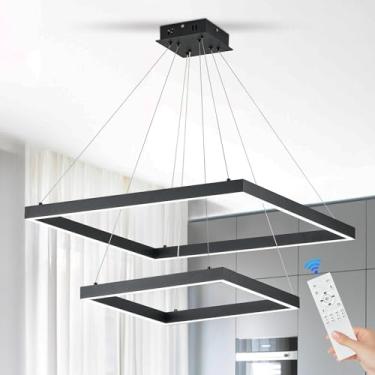 Imagem de AIRYPHANT Lustre de LED moderno preto 2 quadrados 60 cm + 39,9 cm lustre de LED para sala de jantar lustres lineares retangulares reguláveis para sala de estar, escritório, cozinha, quarto, 3000-6500