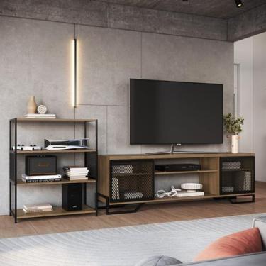 Imagem de Combo Sala Rack e Estante Mel Industrial Ferro Preto Kit - LaCasaMia