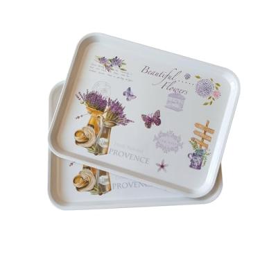 Imagem de Bandeja grande de melamina, pacote com 2 bandejas empilháveis de alimentos com estampa floral para presente, festa, decoração, casa, restaurante (lavanda roxa, média)