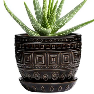 Imagem de G EPGardening Vasos de cerâmica para plantas – Vaso interno de 12 cm com orifício de drenagem e pires, vaso de flores ao ar livre, vaso redondo decorativo para suculentas orquídeas e cobras, preto