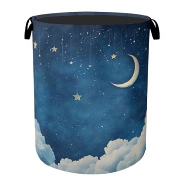 Imagem de Cesto de roupa suja dobrável de lona com alças com céu estrelado e lua - organizador de brinquedos, resistente para casa, quarto, dormitório, banheiro