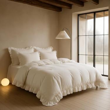 Imagem de Conjunto de capa de edredom com babados brancos, 100% algodão, casal/queen e king, estilo fazenda (casal/queen)