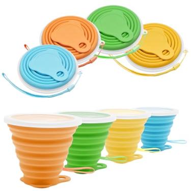 Imagem de Litoexpe Conjunto de 4 copos dobráveis de silicone para viagem, portátil, dobrável, com tampas, amarelo, laranja, azul e verde, capacidade de 270 ml