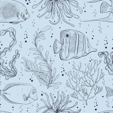 Imagem de FunStick Papel de parede azul descasque e cole peixes e algas marinhas Papel de parede removível 44,5 cm x 299,7 cm