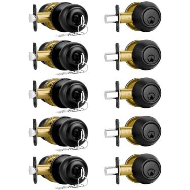 Imagem de Plustool Conjunto de 5 fechaduras de porta da frente, preto fosco, conjunto de fechadura externa com fechadura, fechadura de fechadura de cilindro único e conjunto de maçanetas, maçanetas de porta