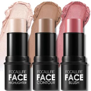 Imagem de FOCALLURE 3 palitos de contorno de creme, tons com iluminador, bronzeador e blush, caneta de contorno facial de longa duração não oleosa, fácil de esculpir o rosto e criar uma maquiagem de acabamento