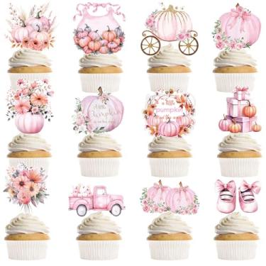 Imagem de MOIZYNG 36 PCS A Little Pumpkin is On The Way Cupcake Toppers, Pink Princess Carriages Floral Pumpkin Baby Shower Cake Decorations for Baby Girl First Birthday Gender Reveal Party Supplies Favors