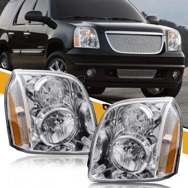 Imagem de CLERYYE Conjunto de farol compatível com GMC Yukon XL 1500 2500 [estilo Denali] 2007-2014, substituição da lâmpada de cabeça de halogênio para 20969896 20969897, sem lâmpada, refletor âmbar com
