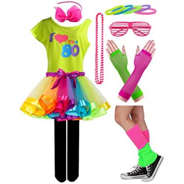 Imagem de Camiseta Kid Girl I Love 80s Star Sequin Tutu Saia com Colar Neon Laço Faixa de Cabelo Conjunto de Grampo de Cabelo (10/12, Estilo 2 - Arco-íris)