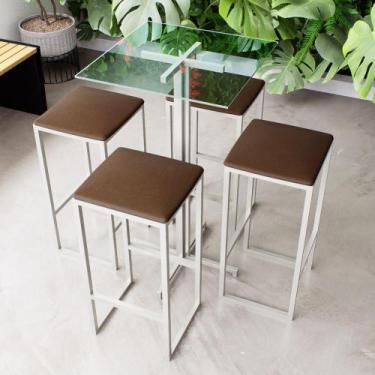 Imagem de Conjunto Mesa Alta Bar Bistrô Quadrada Vidro 4 Bancos Estofado Industr