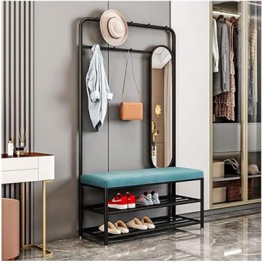 Imagem de L Cabideiro Banco De Sapatos Ferro Forjado Hall Árvore Com 2 Prateleiras De Armazenamento Cabide De Entrada Com Ganchos Loja De Roupas Casa Quarto Dr Rack, Black, 120x32x175cm