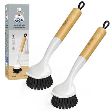 Imagem de MR.SIGA Escova de prato com alça, escova de lavar louça com raspador embutido, escova de prato de bambu para panelas e frigideiras, pia de cozinha, pacote com 2