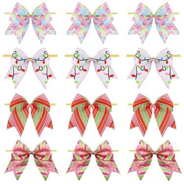 Imagem de Meseey 12 peças de laços de Natal de 15 cm rosa e verde com listras de bengala doce de bolinhas de pirulito claro para grinaldas de árvores, guirlanda de embrulho de presente, festa, decoração de casa