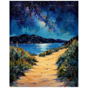Imagem de Kit de pintura de paisagem à beira-mar por números para adultos – DIY pintura noturna estrelada e trilha costeira em tela 40,6 x 50,8 cm, conjunto de tinta acrílica, adequado para iniciantes, arte