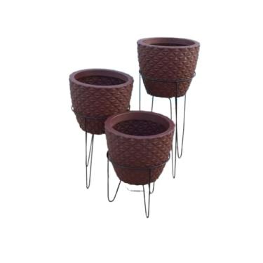 Imagem de Conjunto De Vasos De Flores Com Suporte De Ferro Tripé N.º 3 Conjunto Decorativo De Plantas De Jardim Com Bandeja(Marrom)